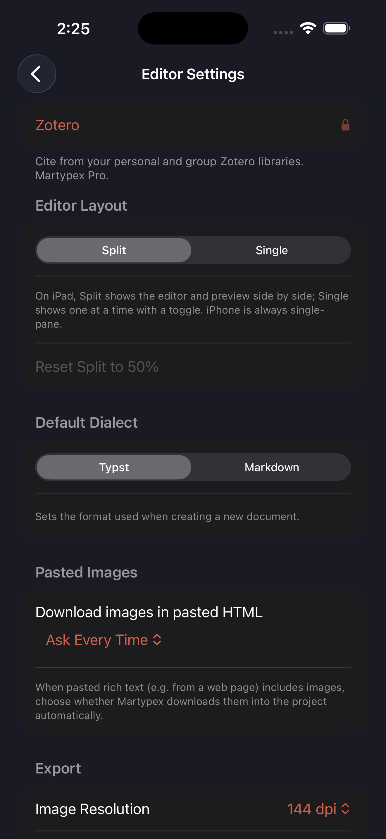 Zotero shown locked in Settings for a free-tier user, on iPhone, dark mode