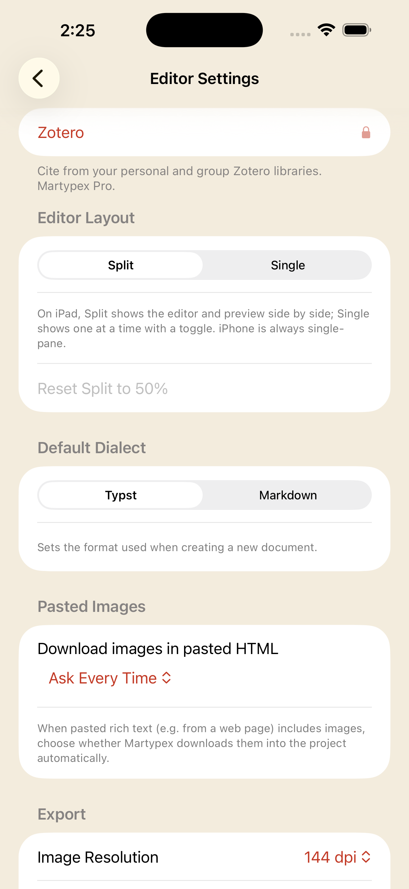 Zotero shown locked in Settings for a free-tier user, on iPhone, light mode