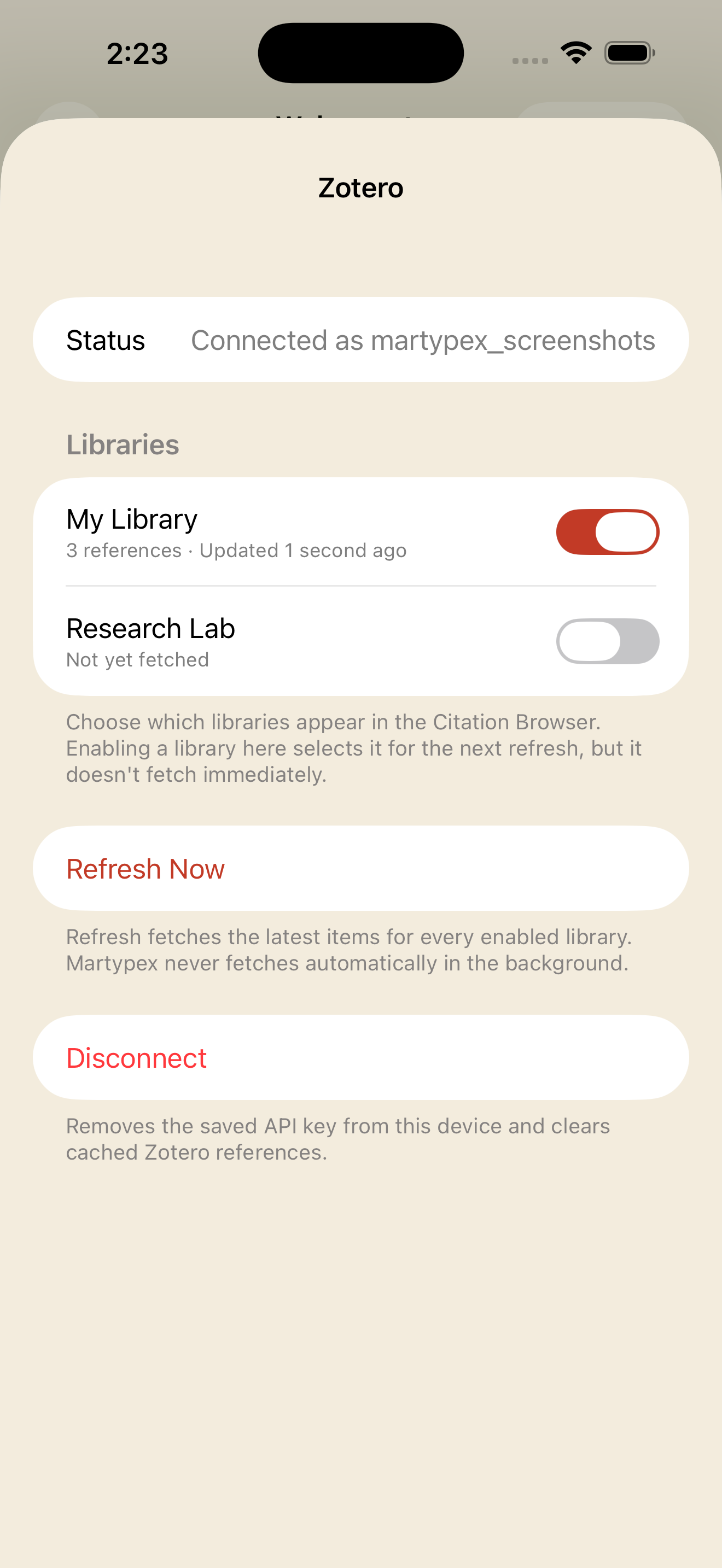 Connected Zotero account with library toggles, on iPhone, light mode